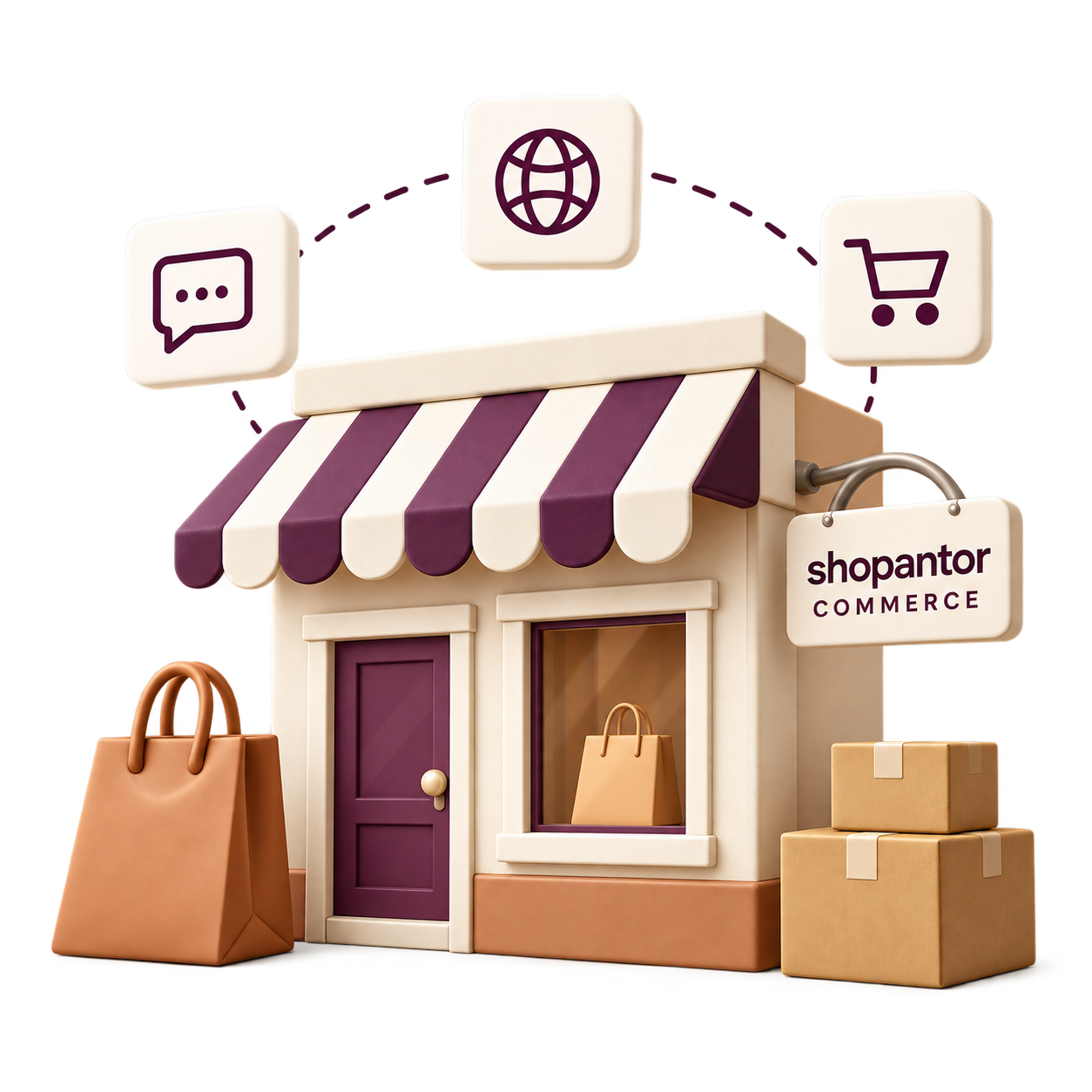 Concept illustration of a shop connected to customer conversations, an online store and a shopping cart.
